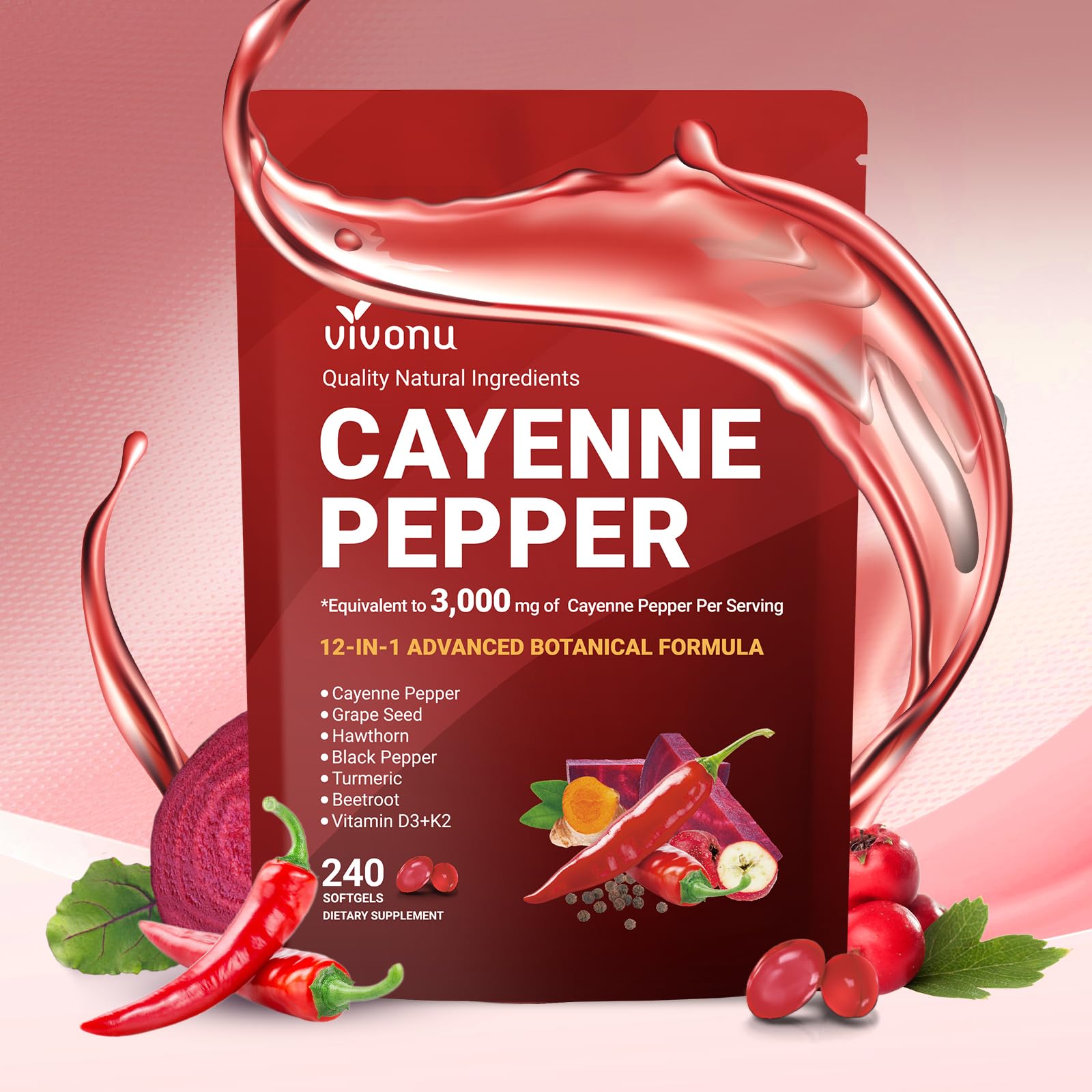 VivoNu Cayenne Pepper Softgels bottle for convenient daily circulation support.