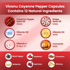 VivoNu Cayenne Pepper Softgels capsules closeup highlights portable daily use.