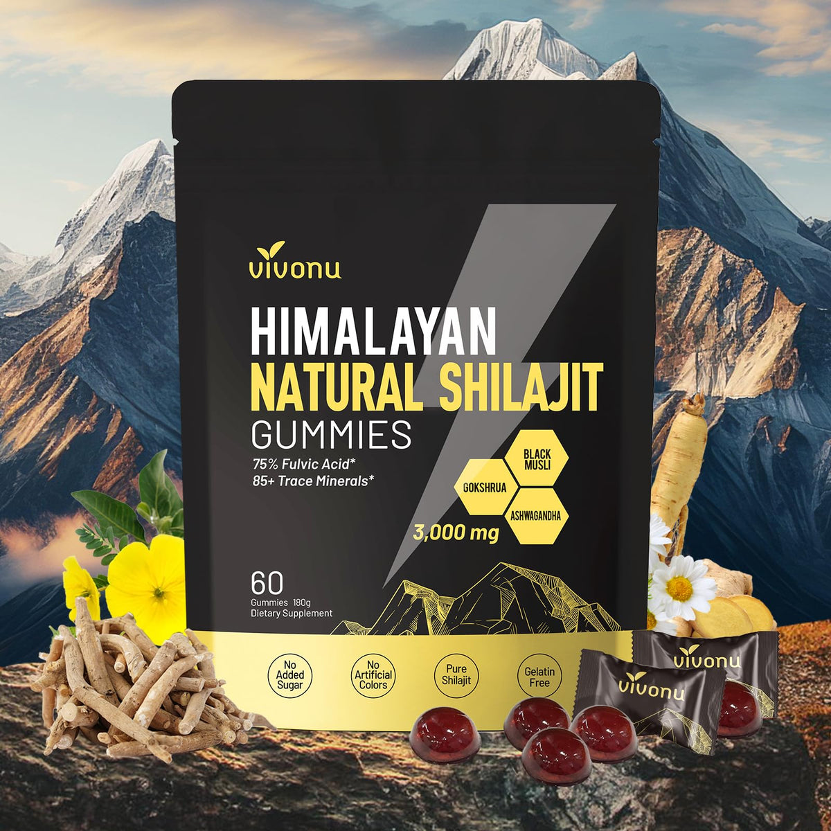 VivoNu Himalayan Shilajit Gummies bottle with golden color signaling premium energy support.