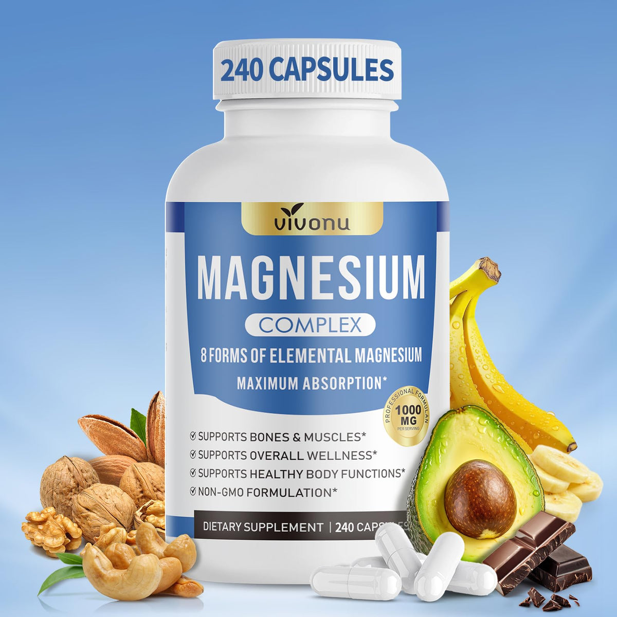 Vivonu Magnesium 1000mg Complex bottle front view for daily vitality.