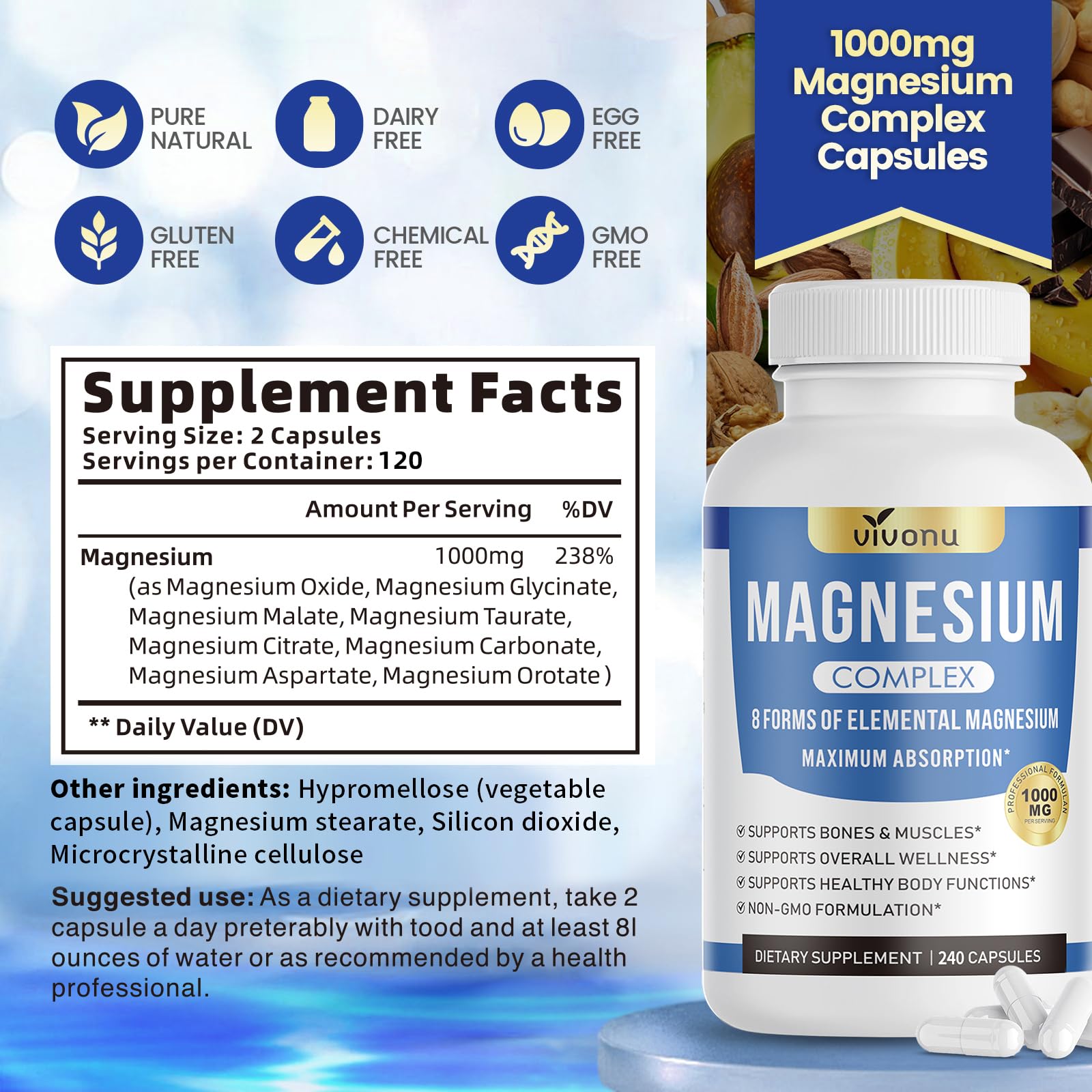 Vivonu Magnesium label detail emphasizing non-GMO and gluten-free ingredients.