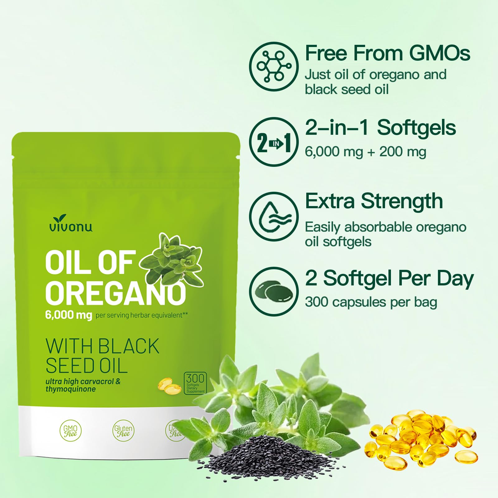 VivoNu oregano softgels close-up showing easy-to-swallow capsules