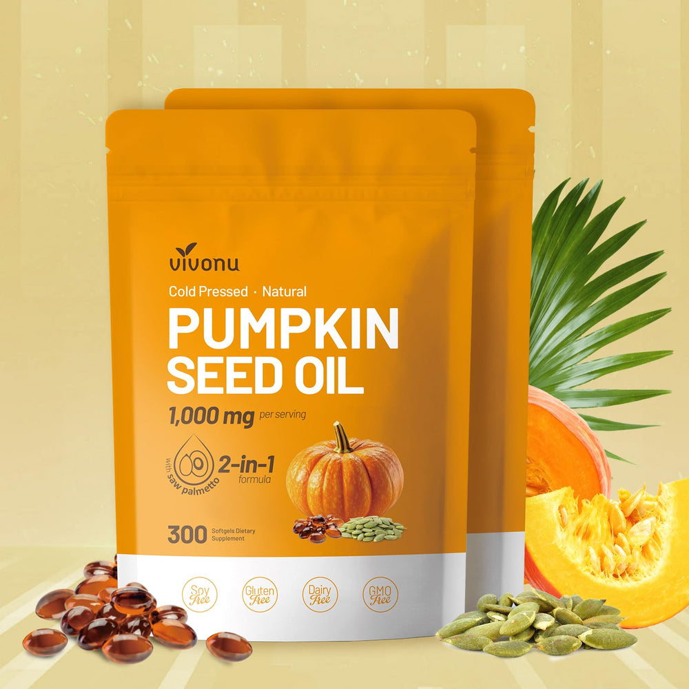 VivoNu pumpkin seed oil bottle label highlights cold-pressed formula for potential heart and immune support