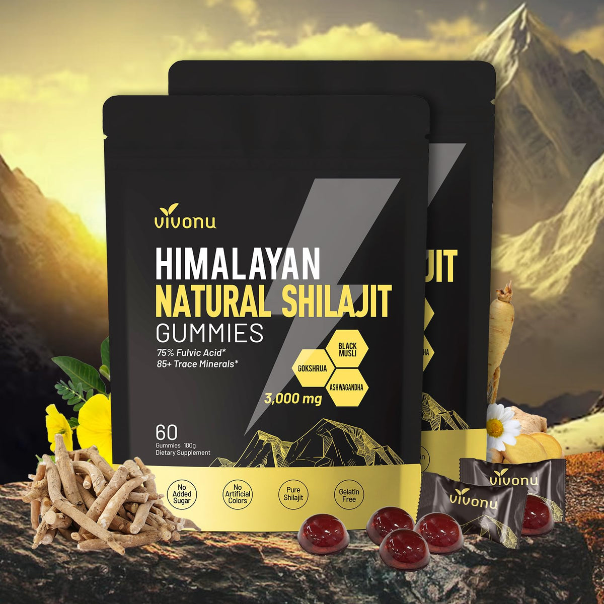 VivoNu Pure Himalayan Shilajit Gummies bottle for daily wellness on the go
