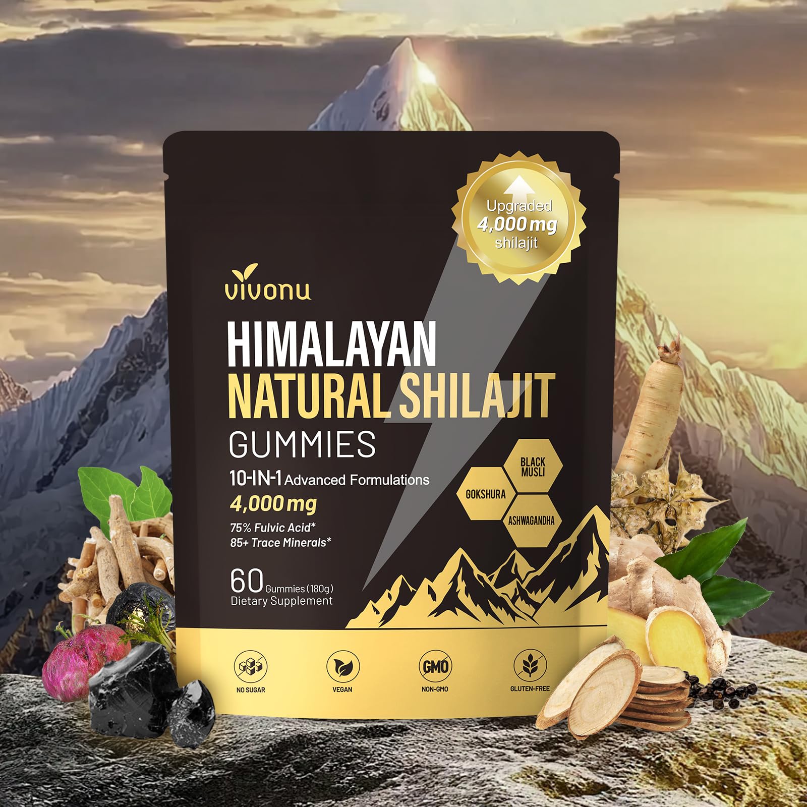 VivoNu Shilajit Gummies bottle top view highlighting Himalayan formula for daily vitality.