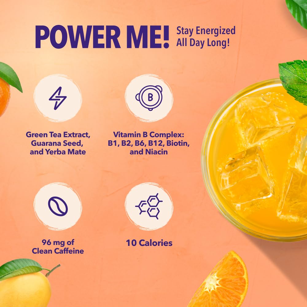 VIVRI PowerMe! orange mango powder canister highlights convenient, sugar-free energy for busy days.