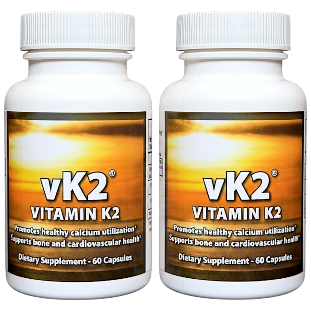 vK2 vitamin supplement bottle front label highlights dual MK-4 and MK-7 for calcium guidance