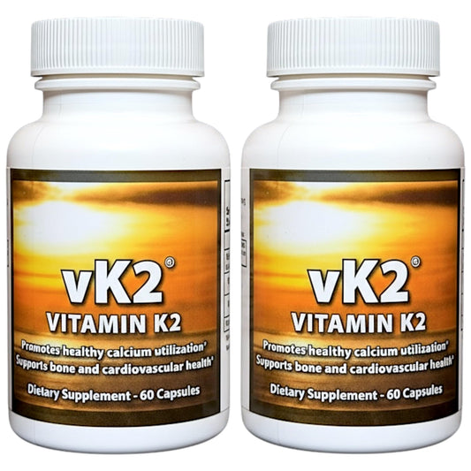 vK2 vitamin supplement bottle front label highlights dual MK-4 and MK-7 for calcium guidance