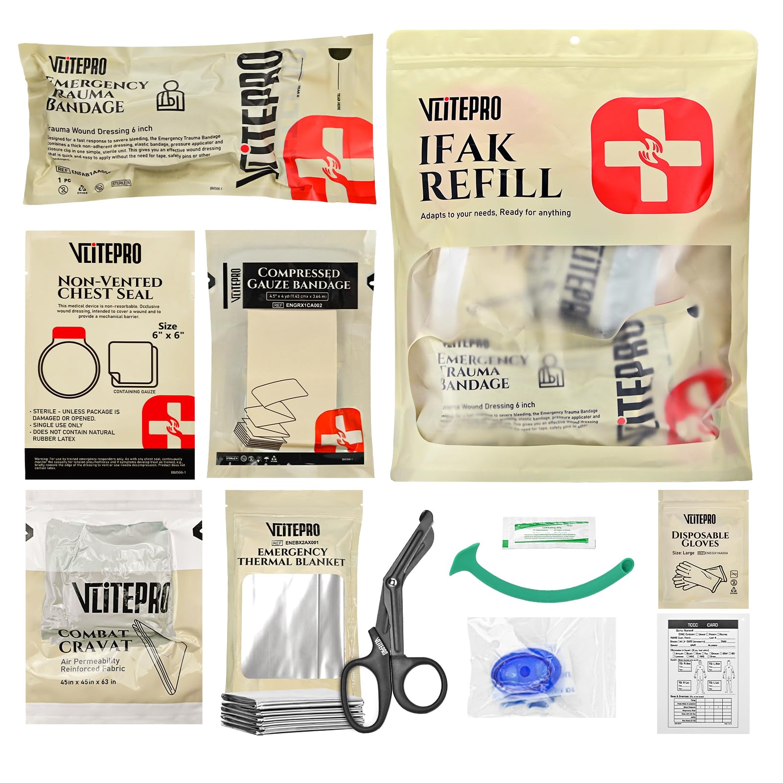 VLITEPRO 11Pcs IFAK trauma kit refill packaging for restocking.