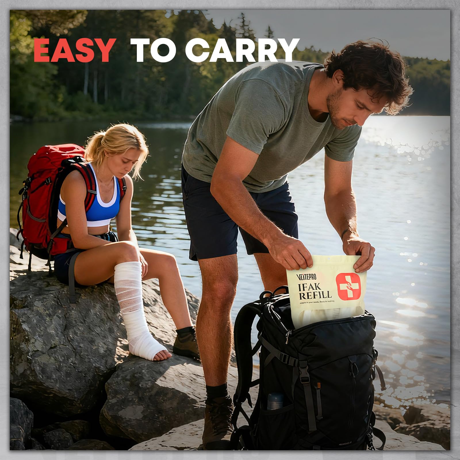 VLITEPRO outdoor-ready kit near a trail setting for preparedness.