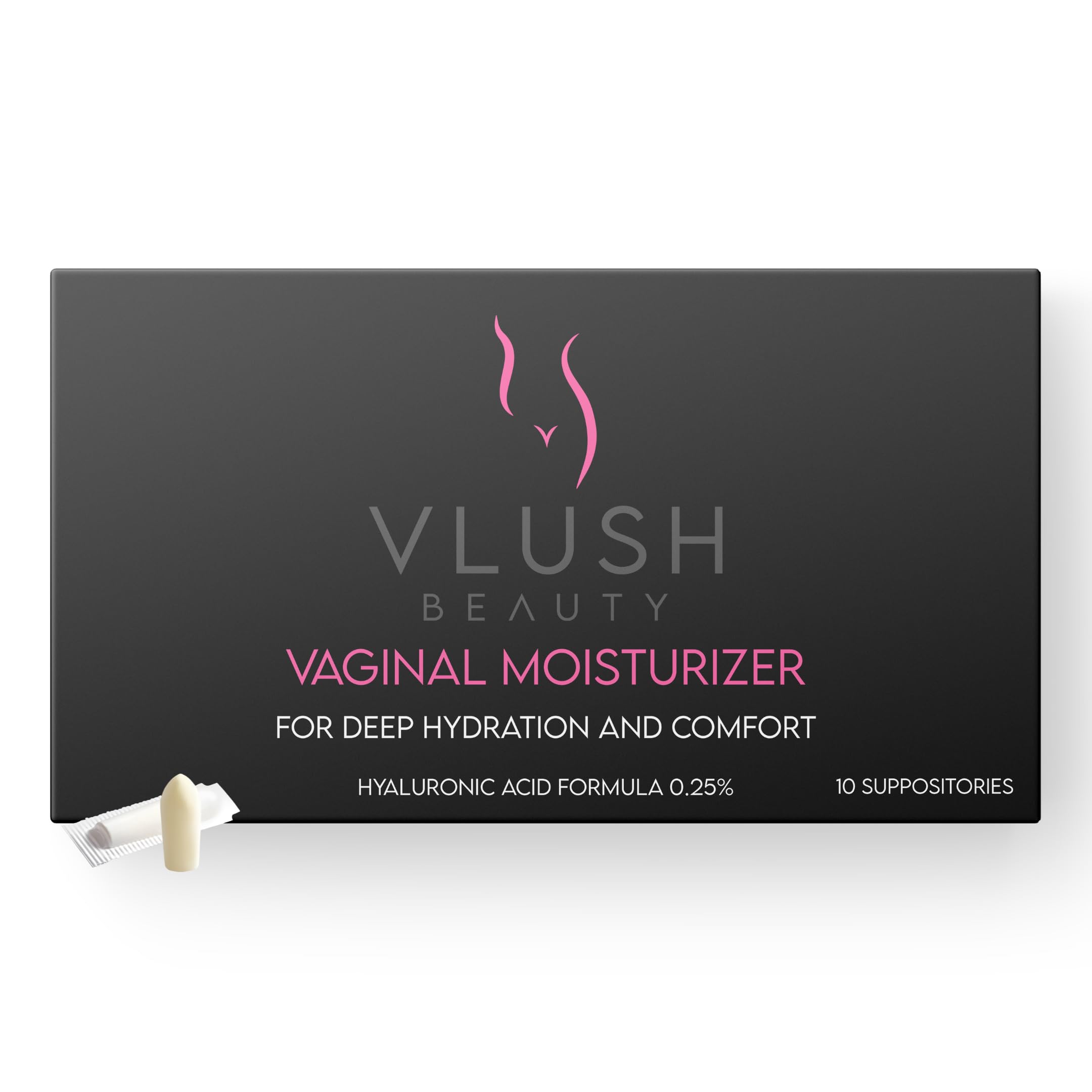 VLUSH vaginal moisturizer suppositories box showing packaging and product name for deep hydration.