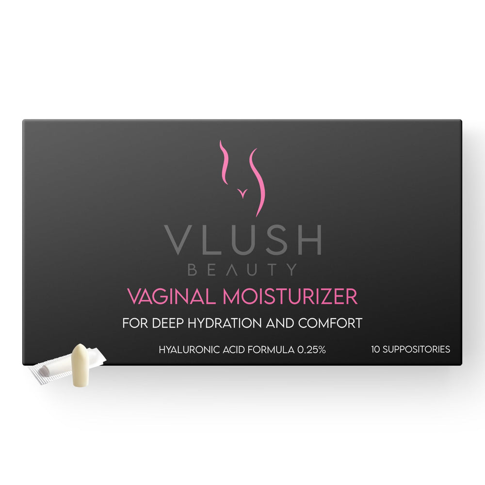 VLUSH vaginal moisturizer suppositories box showing packaging and product name for deep hydration.