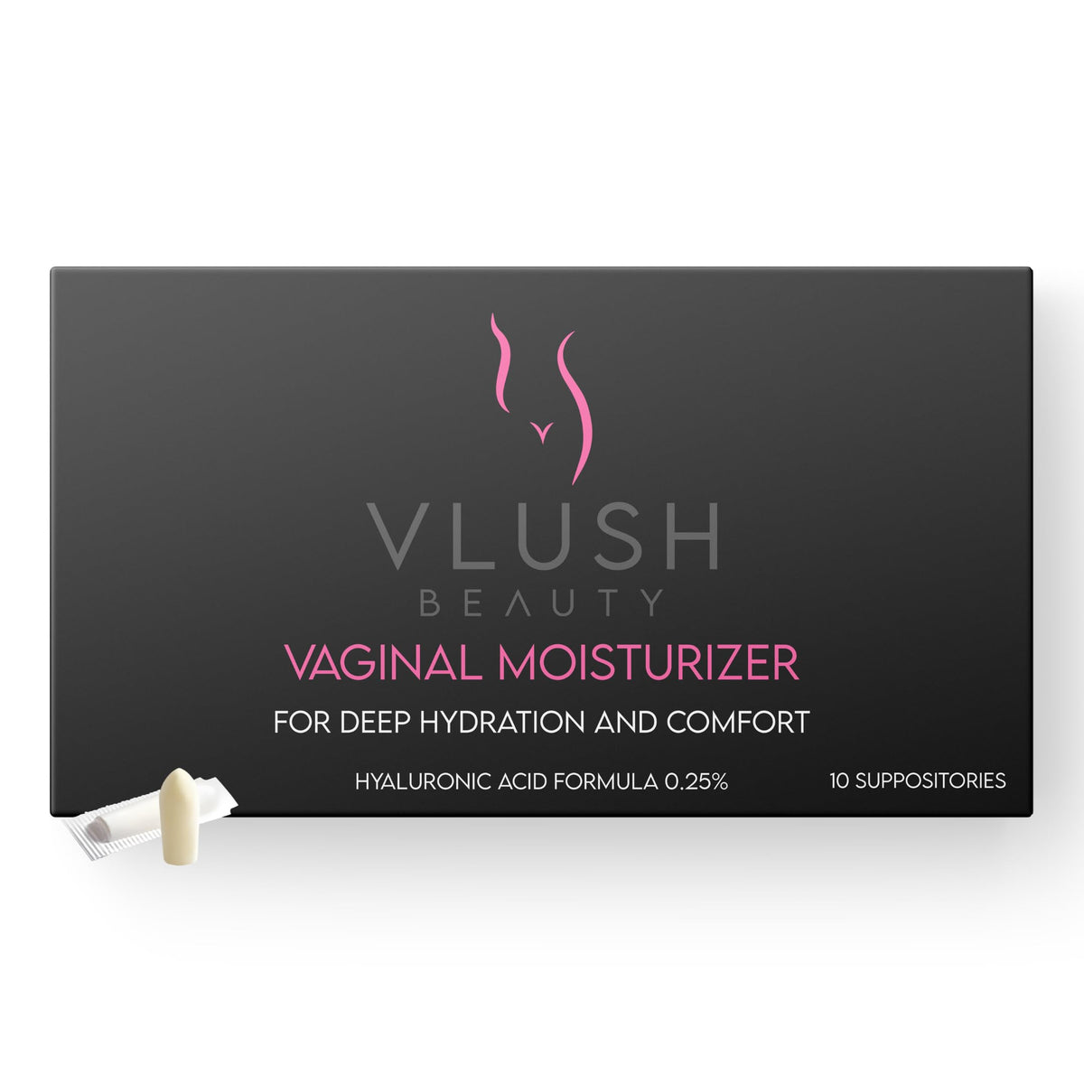 VLUSH vaginal moisturizer suppositories box showing packaging and product name for deep hydration.
