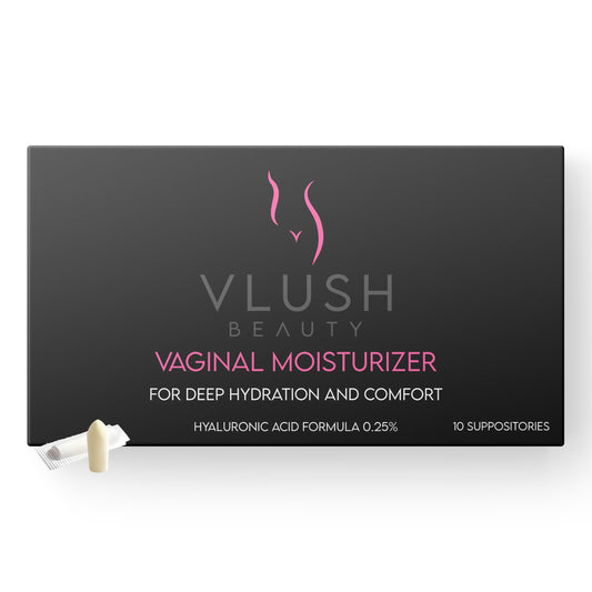 VLUSH vaginal moisturizer suppositories box showing packaging and product name for deep hydration.