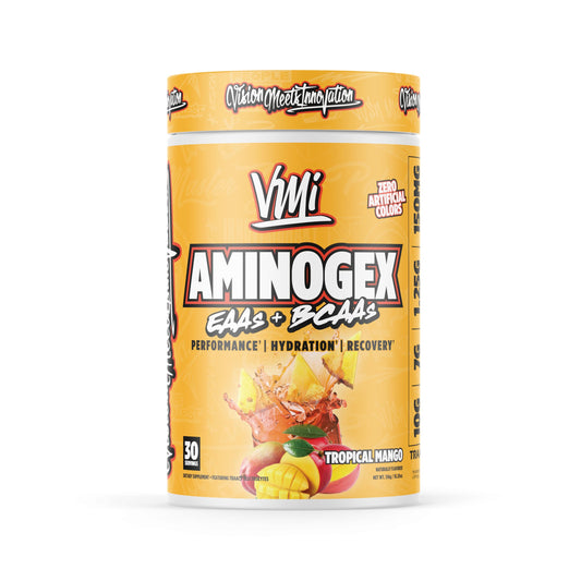 VMI Sports Aminogex Ultra tropical mango bottle ready for workout hydration
