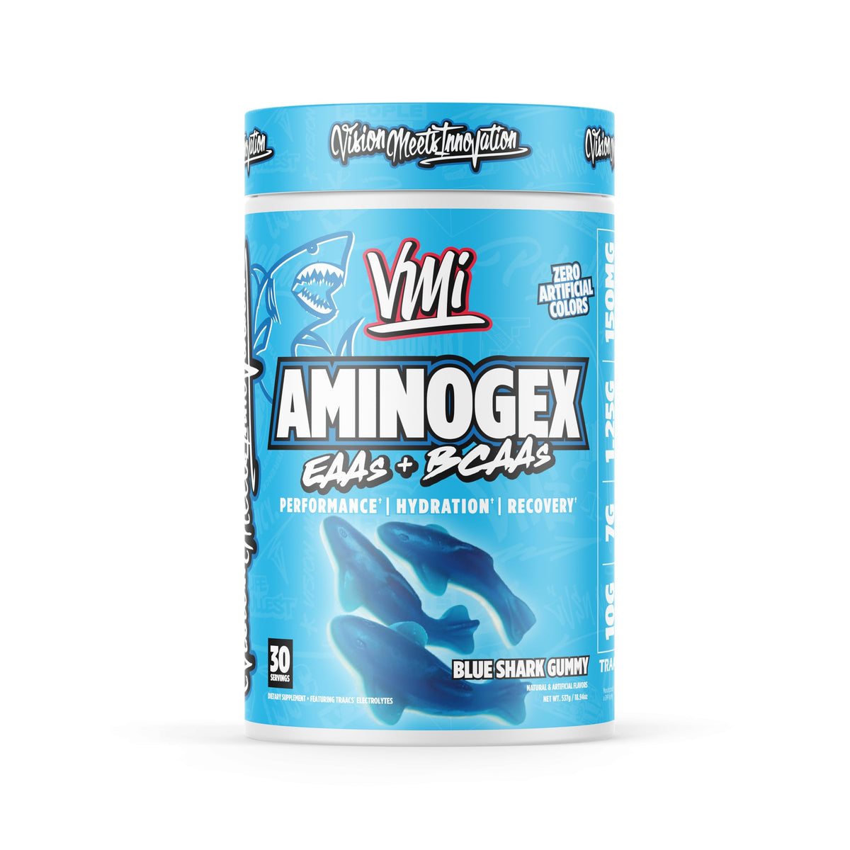 VMI Sports Aminogex Ultra tub label showing BCAA and EAA blend for workouts