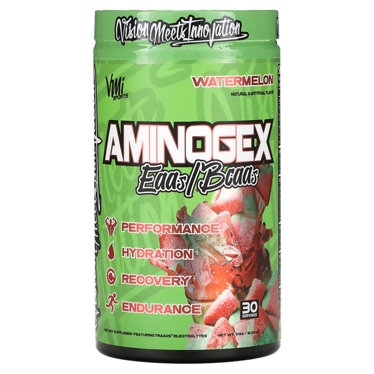 VMI Sports Aminogex Ultra watermelon bottle front highlighting electrolyte blend for hydration and recovery.