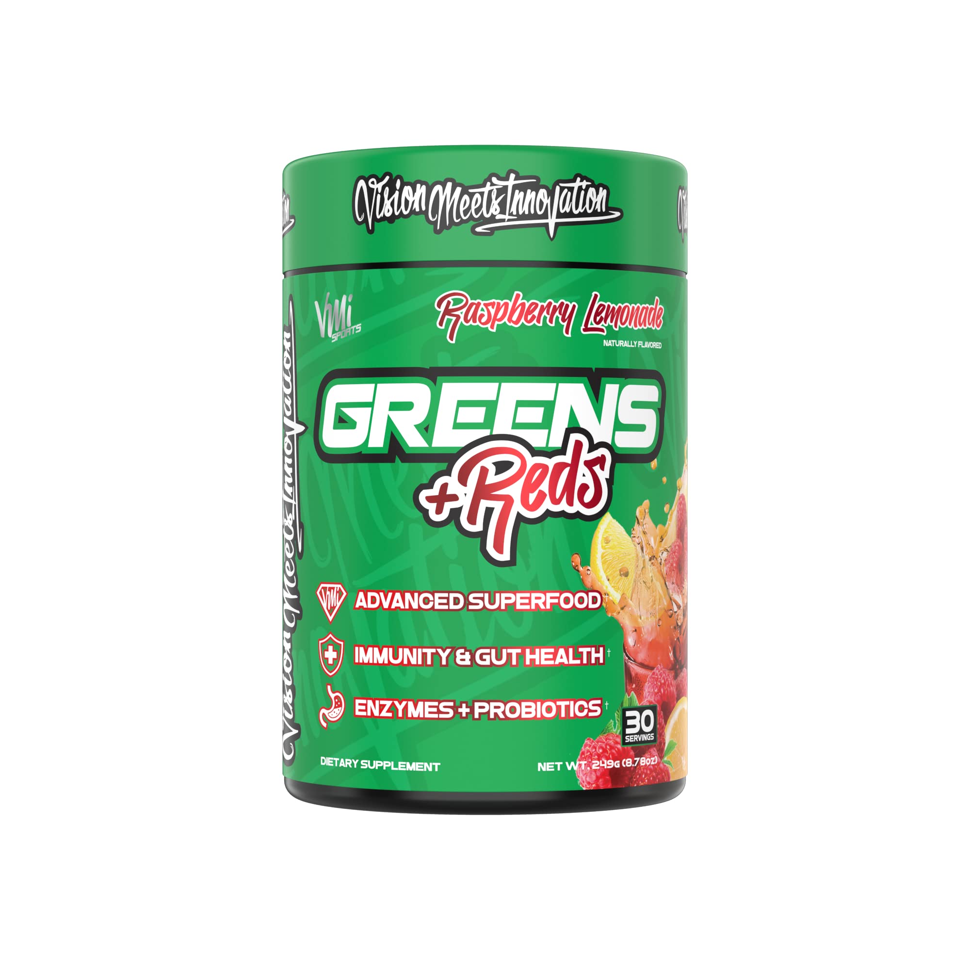 VMI Sports Greens + Reds chocolate flavor tub for a flavorful boost