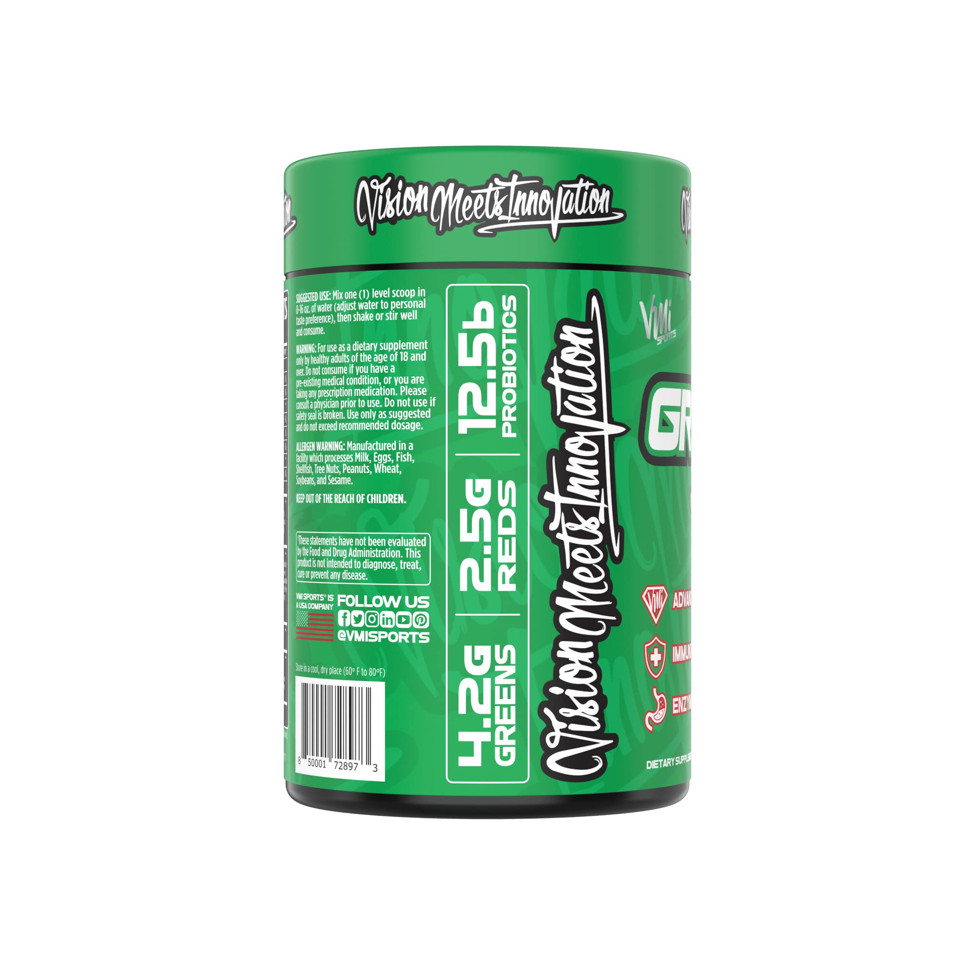 VMI Sports Greens Reds container label highlighting DigeSEB enzymes.
