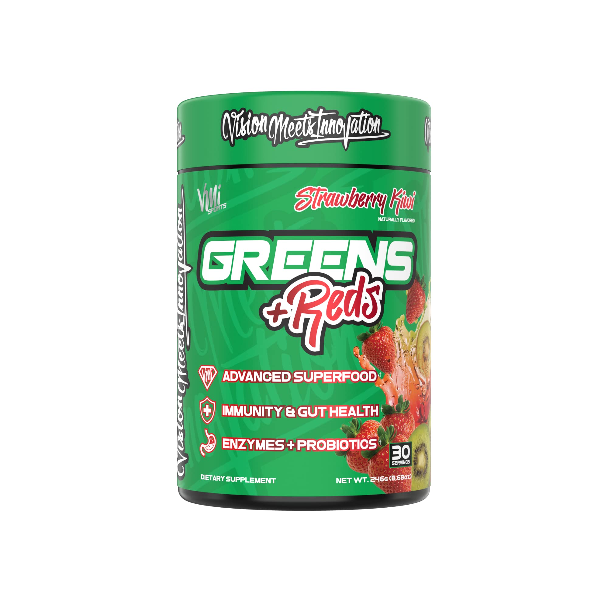 VMI Sports Greens Reds flavor trio graphic showing Strawberry Kiwi, Chocolate, Raspberry Lemonade.