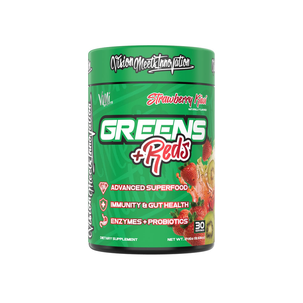 VMI Sports Greens Reds flavor trio graphic showing Strawberry Kiwi, Chocolate, Raspberry Lemonade.
