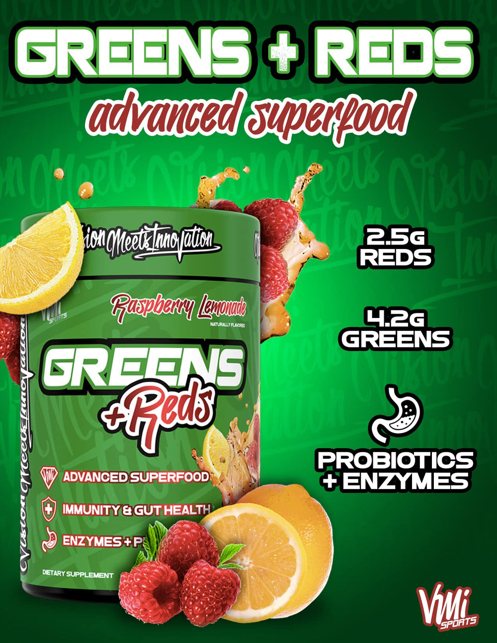 VMI Sports Greens Reds glass being poured into water for a refreshing nutrient boost.
