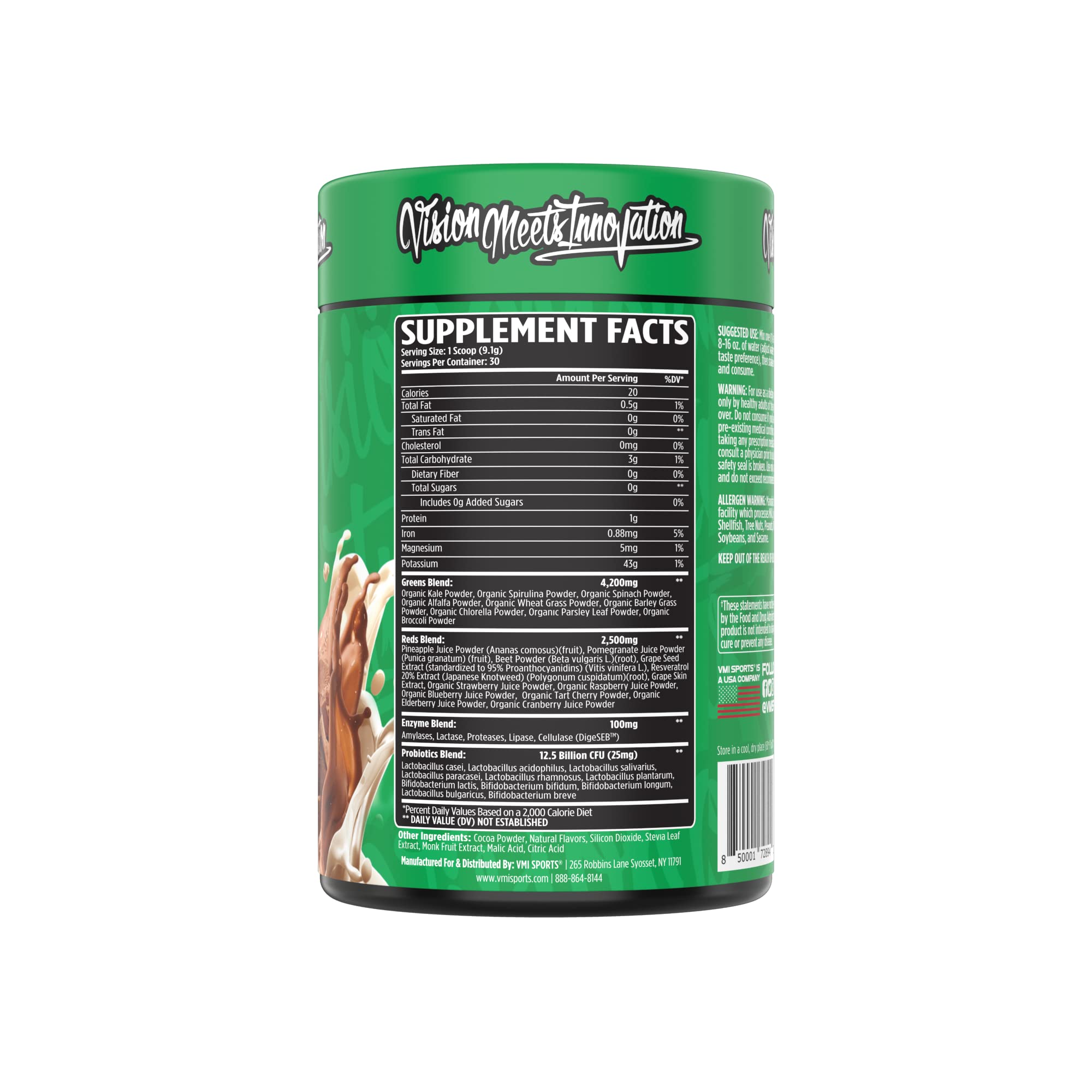 VMI Sports Greens + Reds label close-up reveals 12.5 Billion CFU probiotics per serving