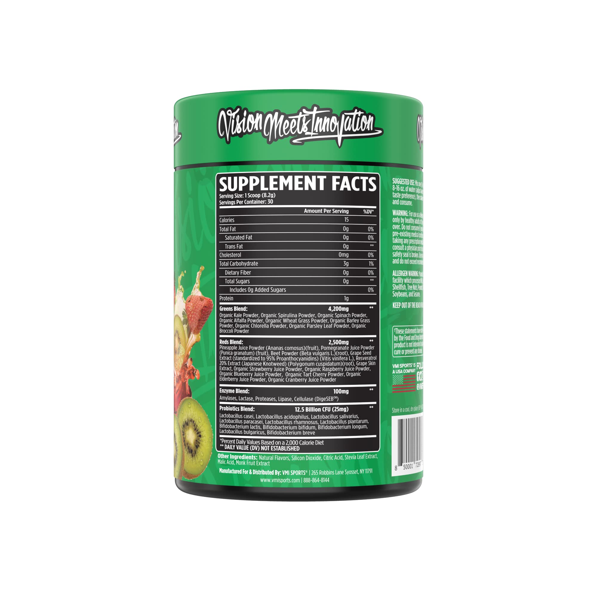 VMI Sports Greens Reds probiotics bottle illustrating 12.5 Billion CFU.