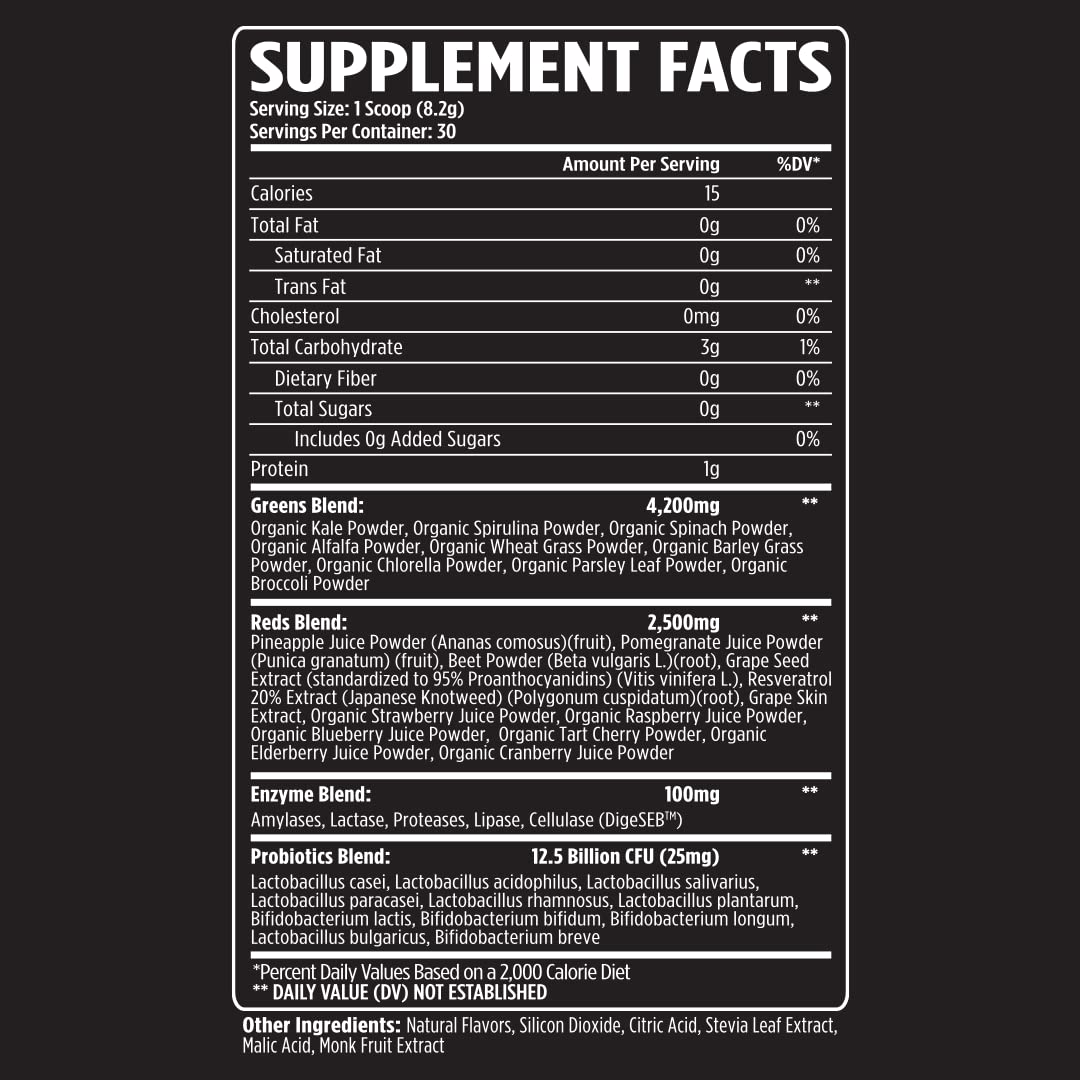 VMI Sports Greens Reds scoop with powder for easy mixing and enzyme support.