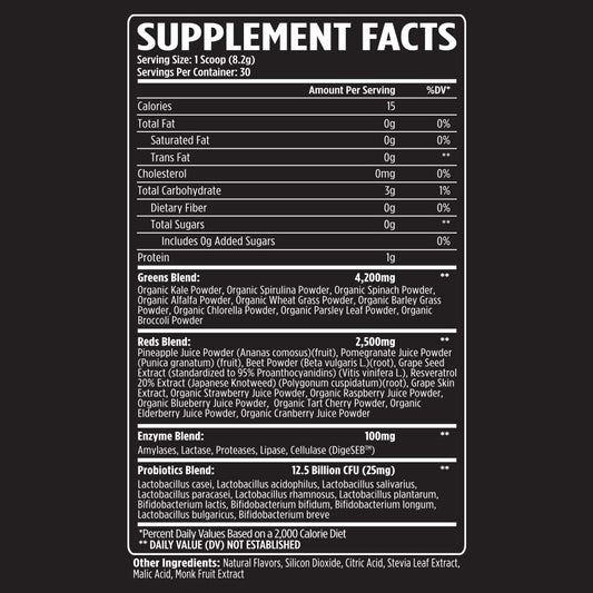 VMI Sports Greens Reds scoop with powder for easy mixing and enzyme support.