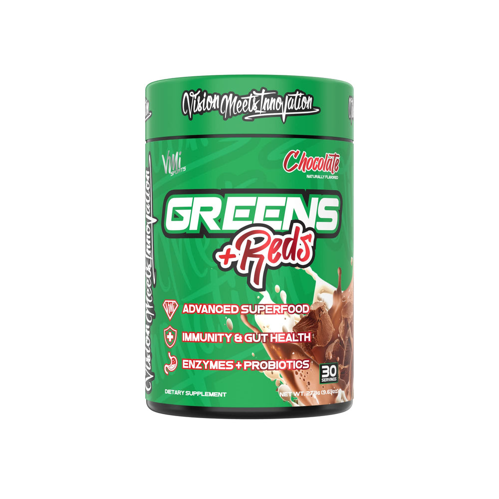 VMI Sports shaker ready with Greens + Reds beside fresh fruit
