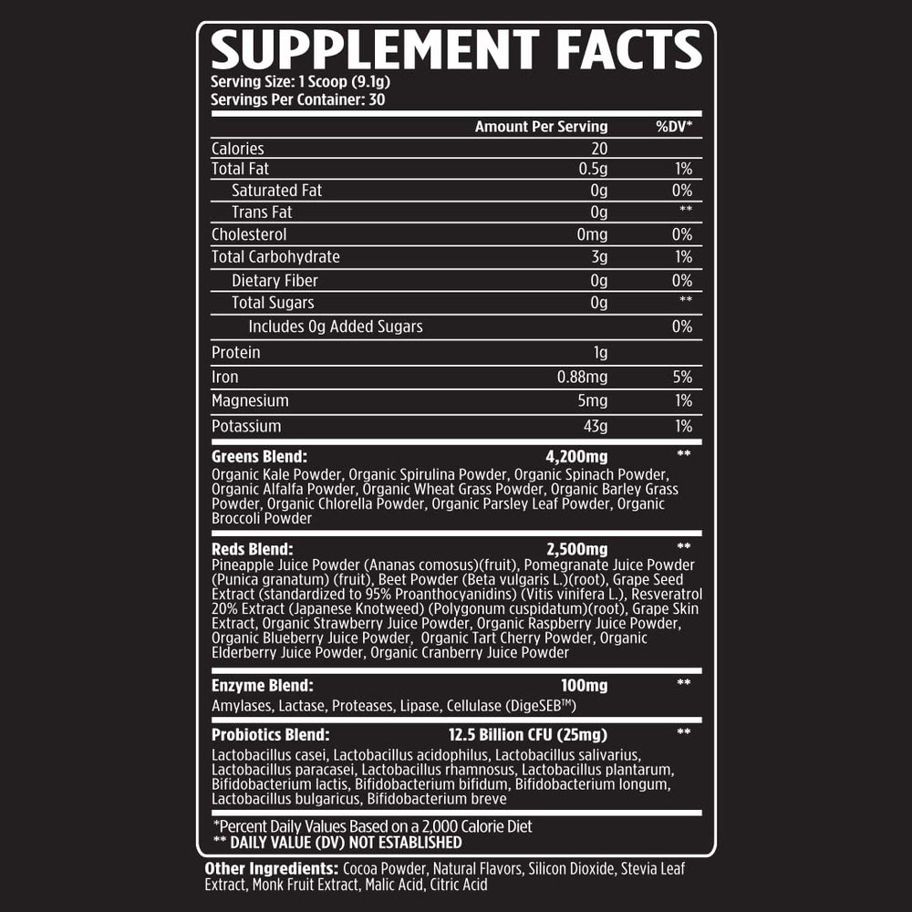 VMI Sports Greens + Reds bottle back panel highlights enzymes and probiotics information