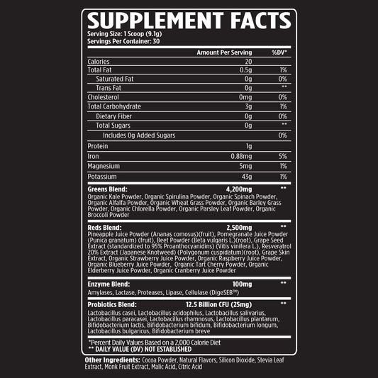 VMI Sports Greens + Reds bottle back panel highlights enzymes and probiotics information