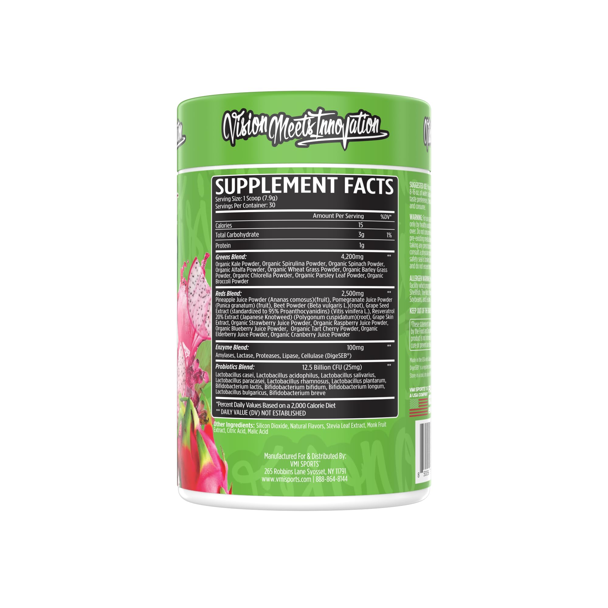 VMI Sports Greens + Reds tub label showing ingredients for balanced nutrition