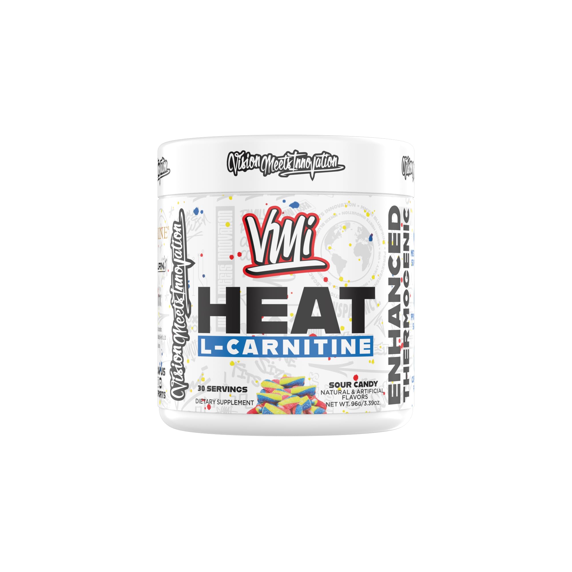 VMI Sports Heat L-Carnitine powder bottle displaying 1500 mg formula for metabolism support