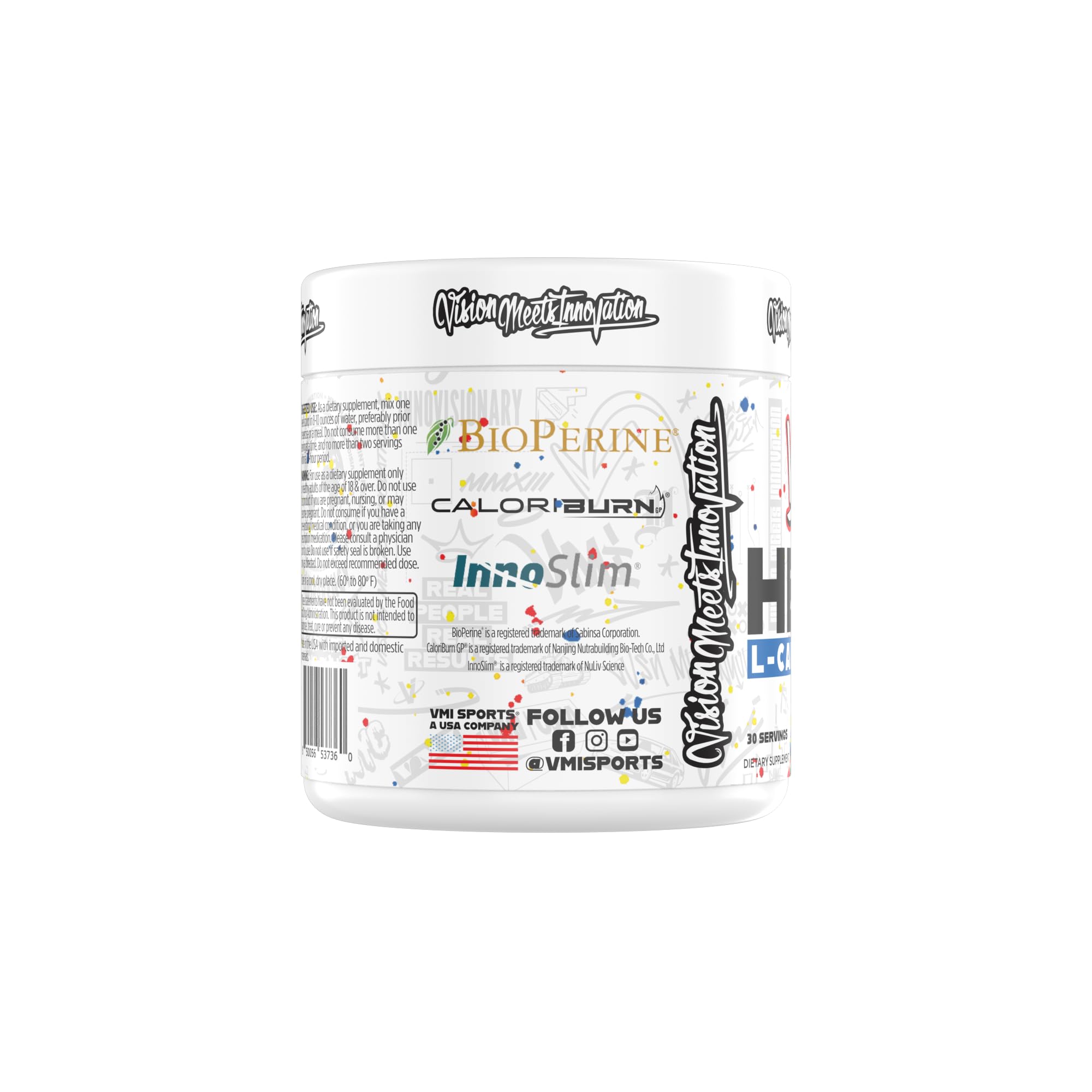 VMI Sports Heat L-Carnitine label close-up with CaloriBurn and BioPerine