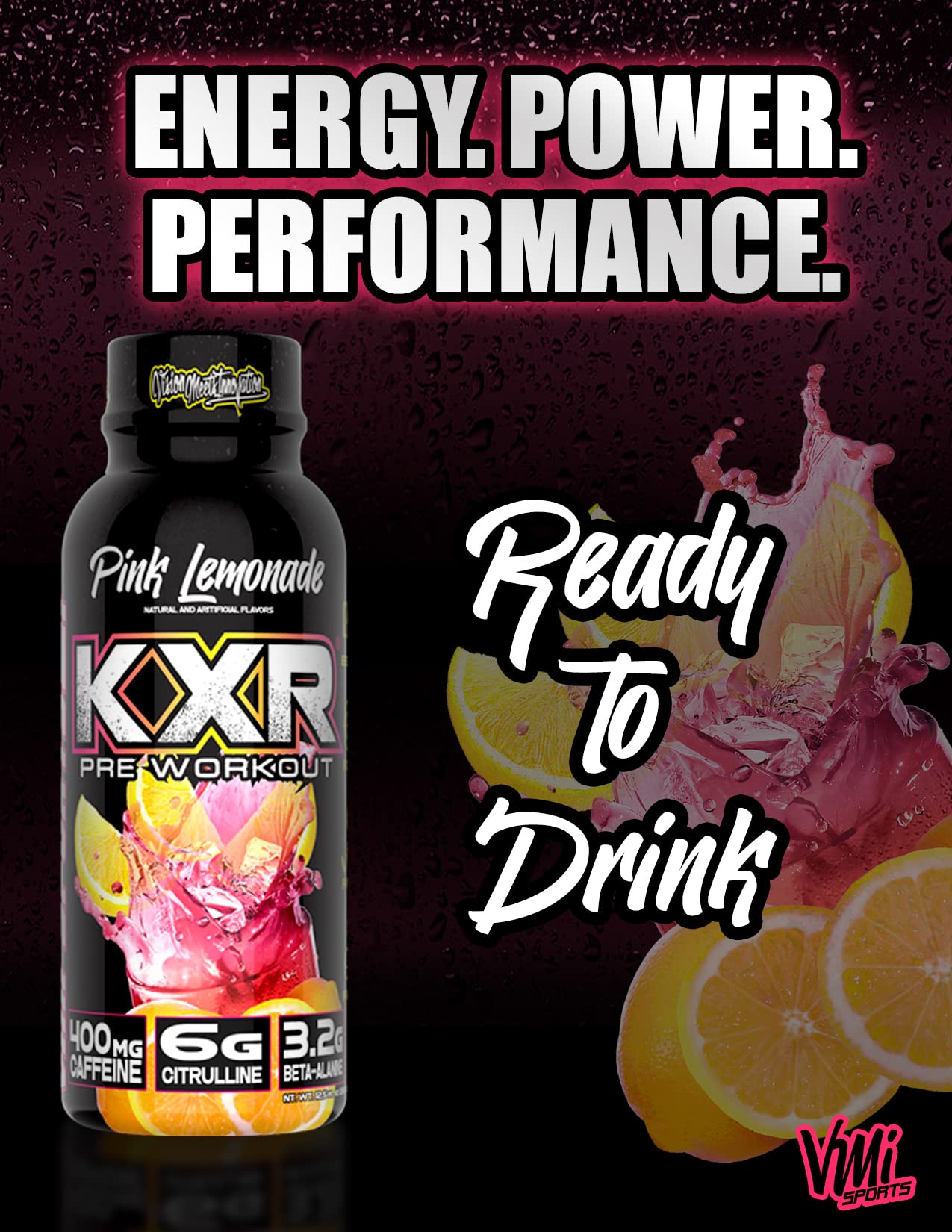 VMI Sports KXR bottle pour showing convenient single-serve pre-workout.