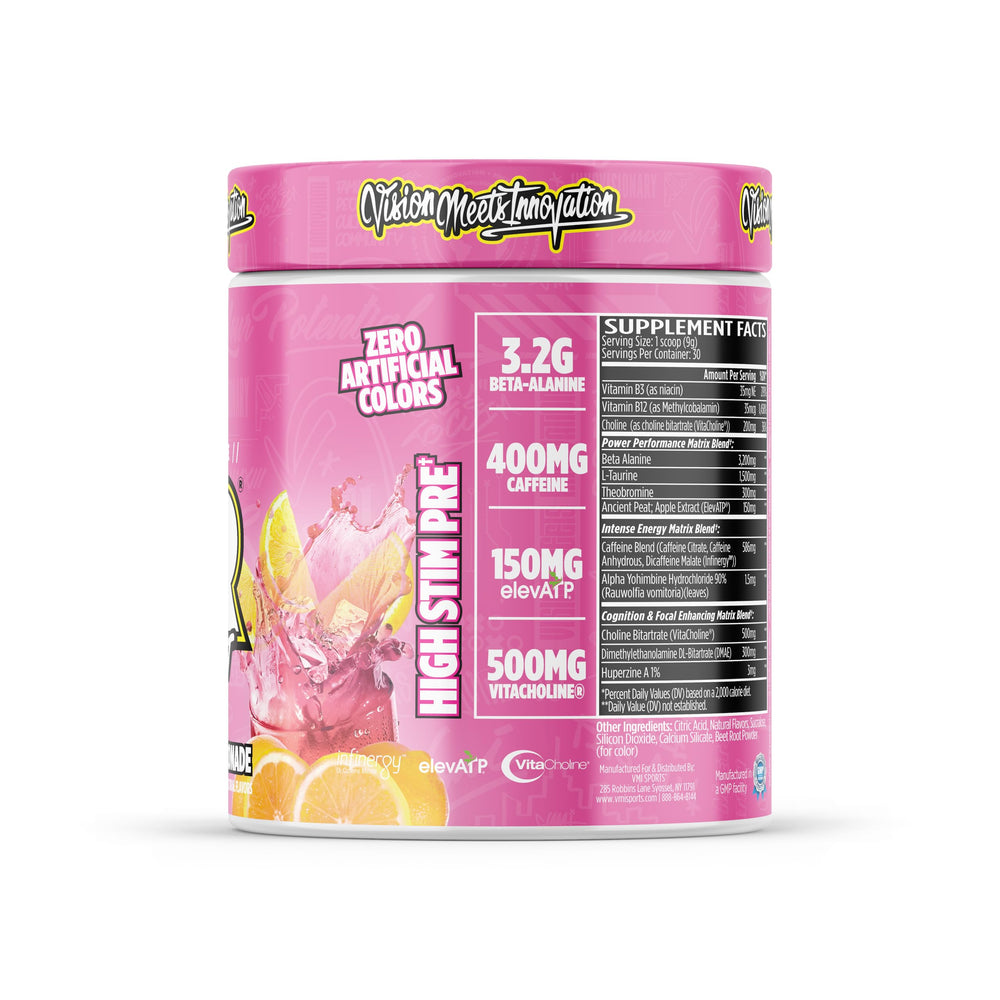Close-up pink lemonade label emphasizes branding and refreshing flavor profile.