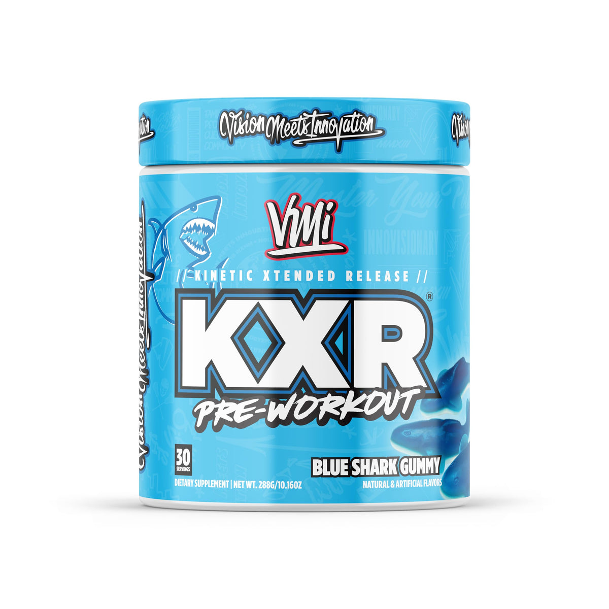 VMI Sports KXR pre-workout bottle with Original Blue Shark Gummy flavor for energized training sessions.