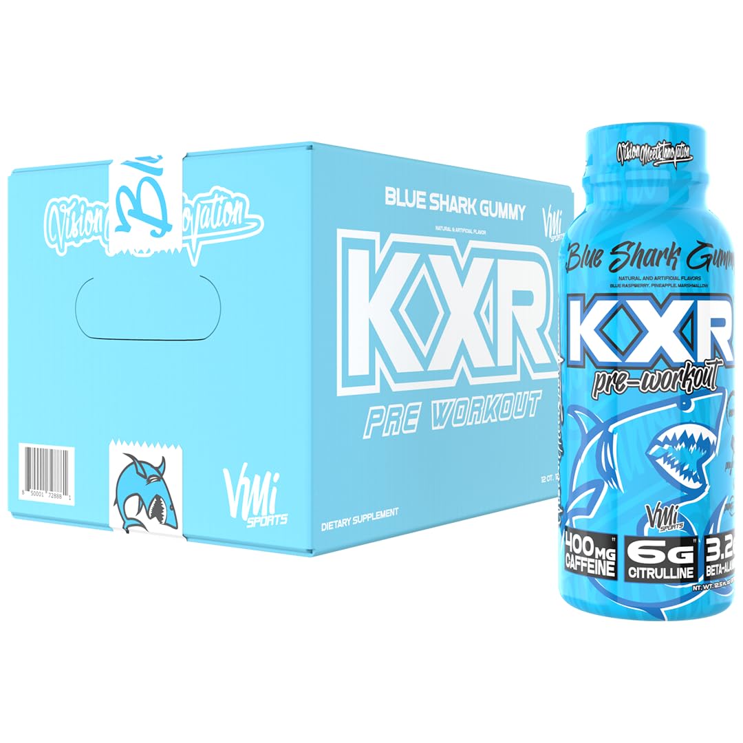 VMI Sports KXR ready-to-drink blue gummy bottle front for quick energy before workouts.