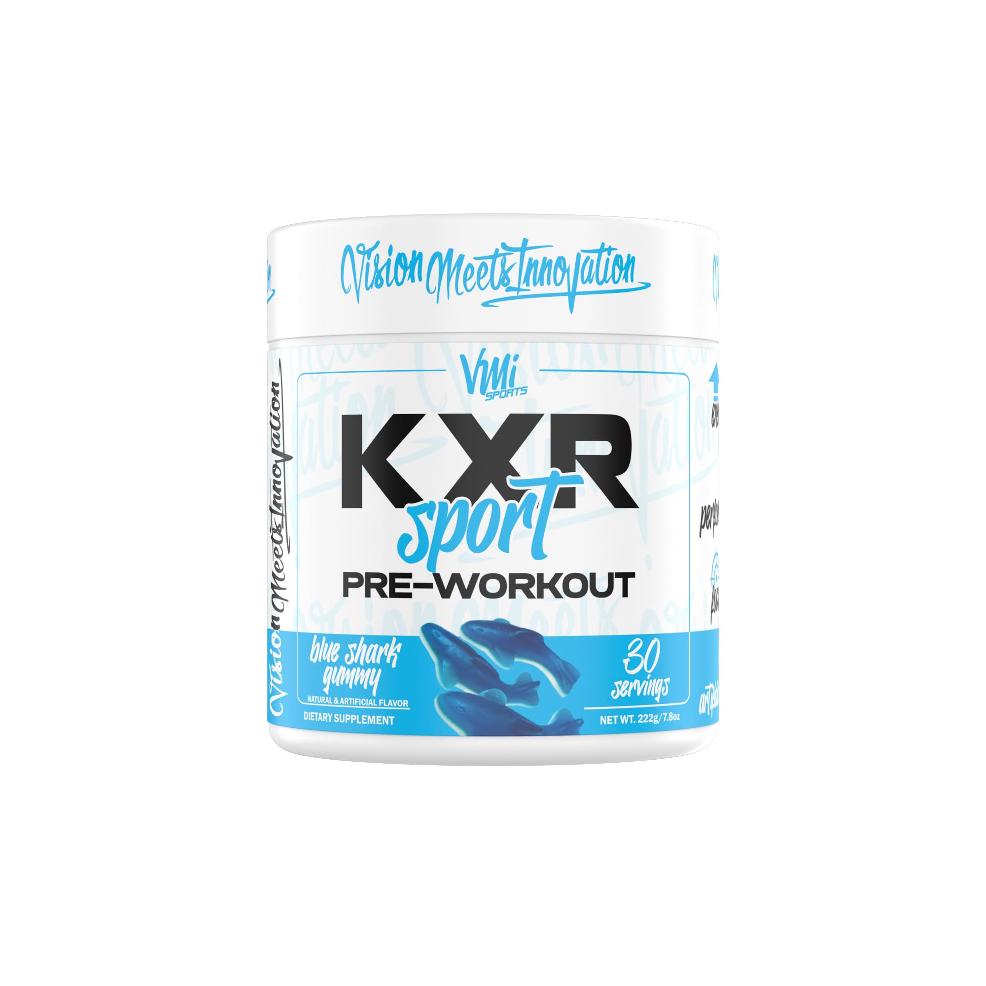 VMI Sports KXR Sport Blue Shark Gummy tub ready for pre-workout energy and focus.