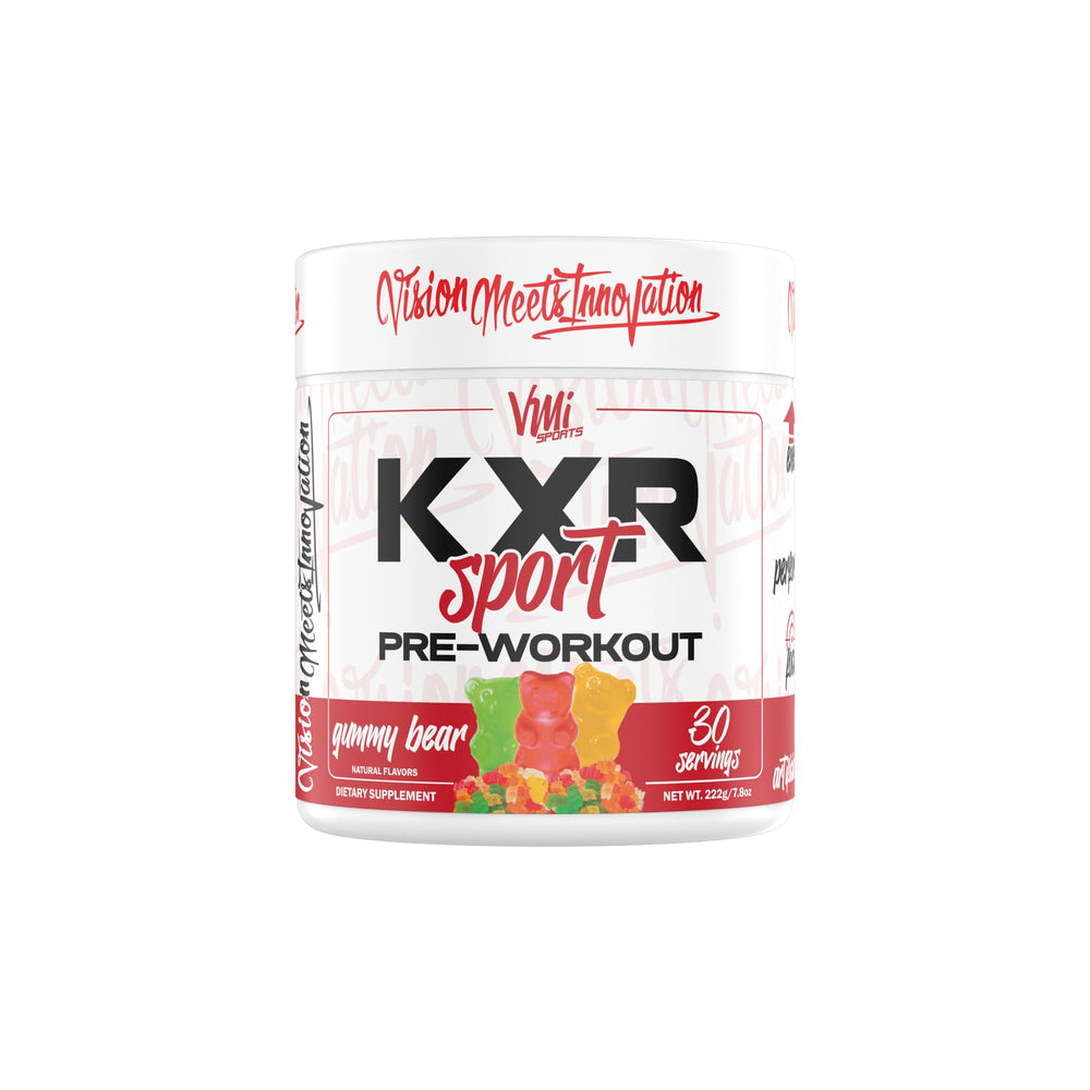 VMI Sports KXR Sport powder tub label emphasizes the precise formula for sustained energy