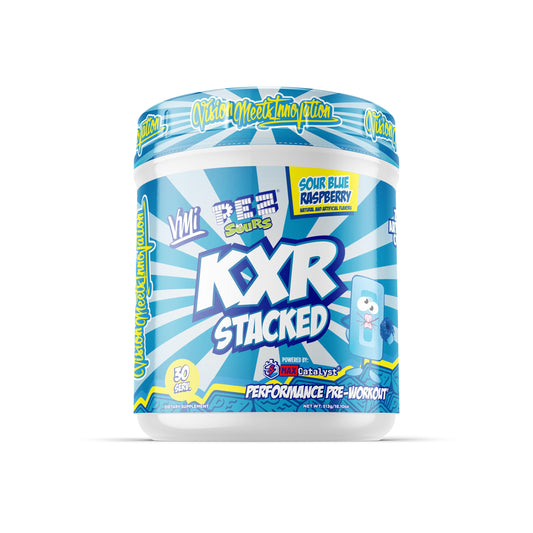 VMI Sports KXR Stacked bottle and scoop showing energy for workouts