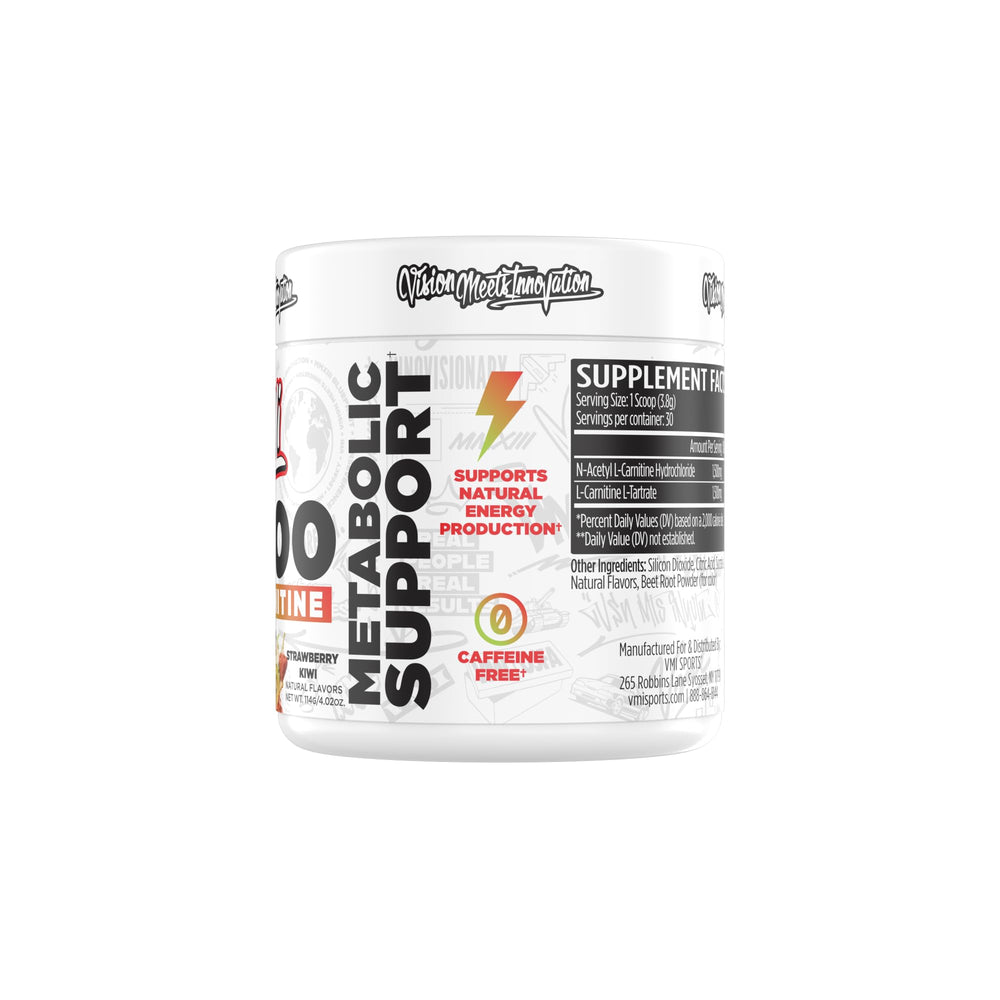 VMI Sports L-Carnitine 3000 powder label highlighting ingredients and benefits.