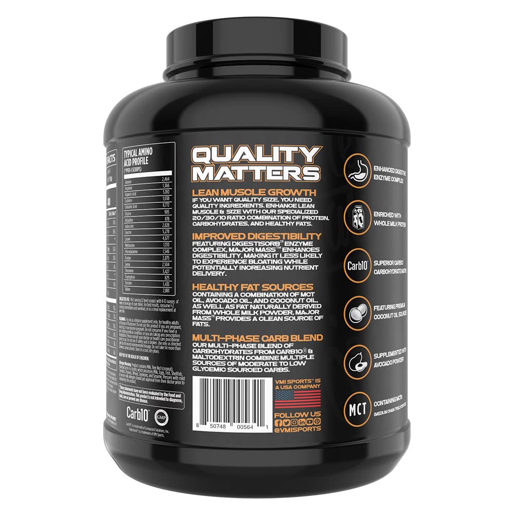VMI Sports Major Mass gainer tub label emphasizes four-protein blend for digestion-friendly nutrition.