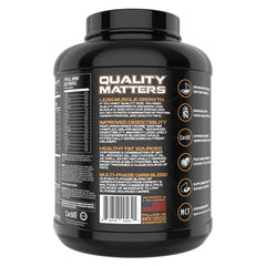 VMI Sports Major Mass gainer tub label emphasizes four-protein blend for digestion-friendly nutrition.
