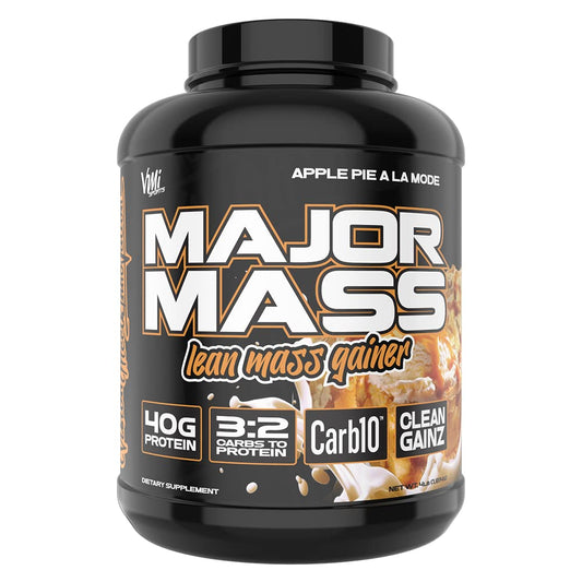 VMI Sports Major Mass gainer tub closeup highlighting macro-friendly lean mass support.