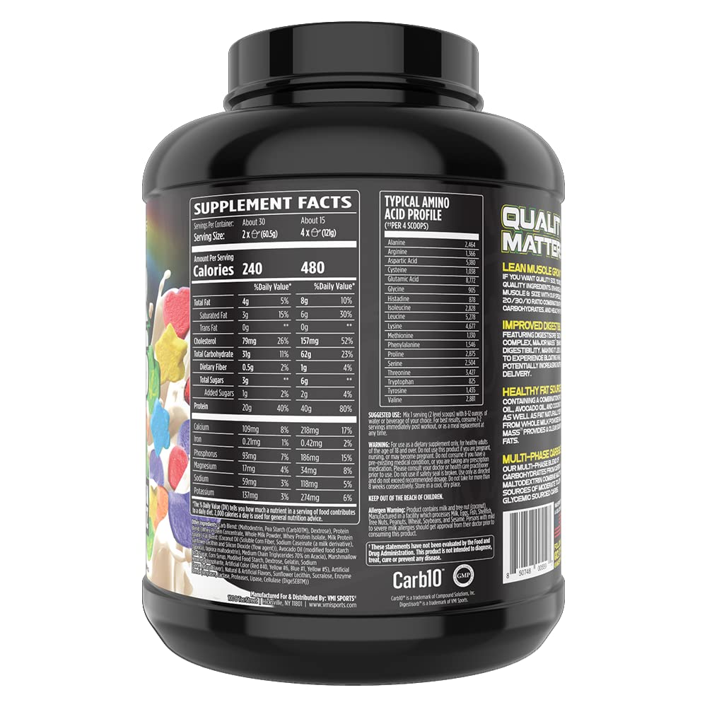 VMI Sports Major Mass label displaying ingredients and macros clearly.