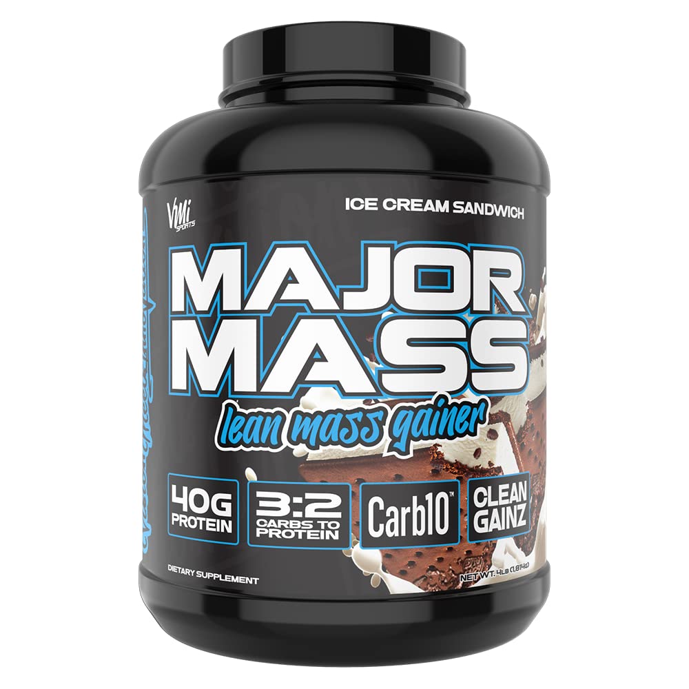 VMI Sports Major Mass lean mass gainer canister showing lean mass formula.