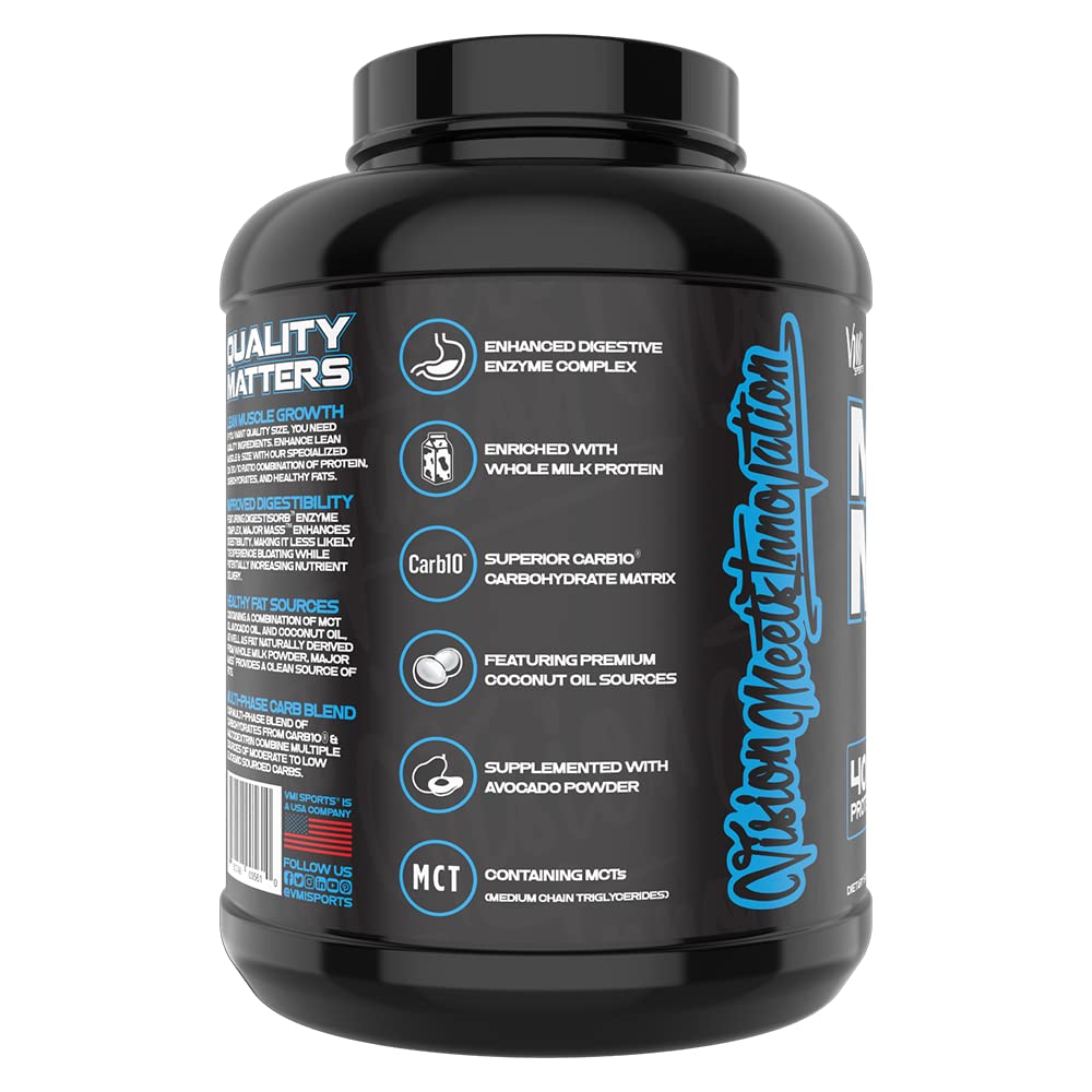 VMI Sports Major Mass gainer shake being prepared in a glass for post-workout use.